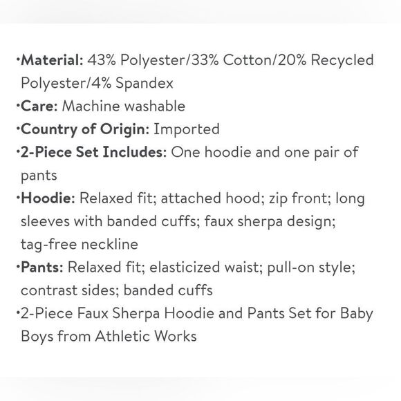 Athletic Works Baby Boys’ Faux Sherpa Hoodie and Pants Set 2-Piece - Picture 5 of 5